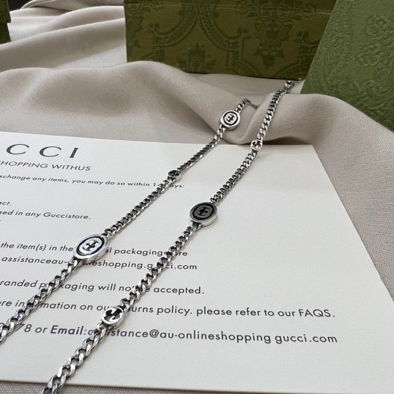 Gucci古驰925纯银互扣式双G窄版珐琅项链
