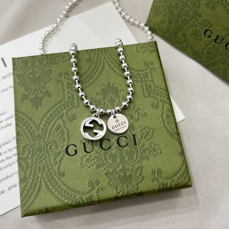 Gucci古驰925纯银双G圆牌珠子项链