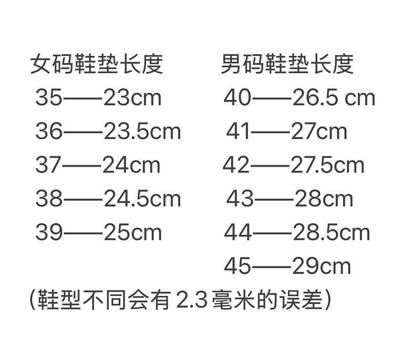 Size table