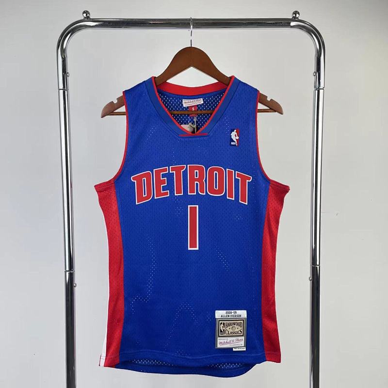 【MN】【Detroit Pistons】球迷版热压复古球衣: 活塞队2008/09赛季 蓝色 1号 艾佛森