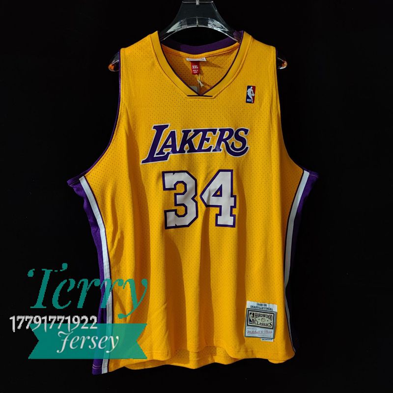 【MN】Los Angeles Lakers MN热压复古球衣：SW 湖人 00赛季 V领 黄色 34号 奥尼尔