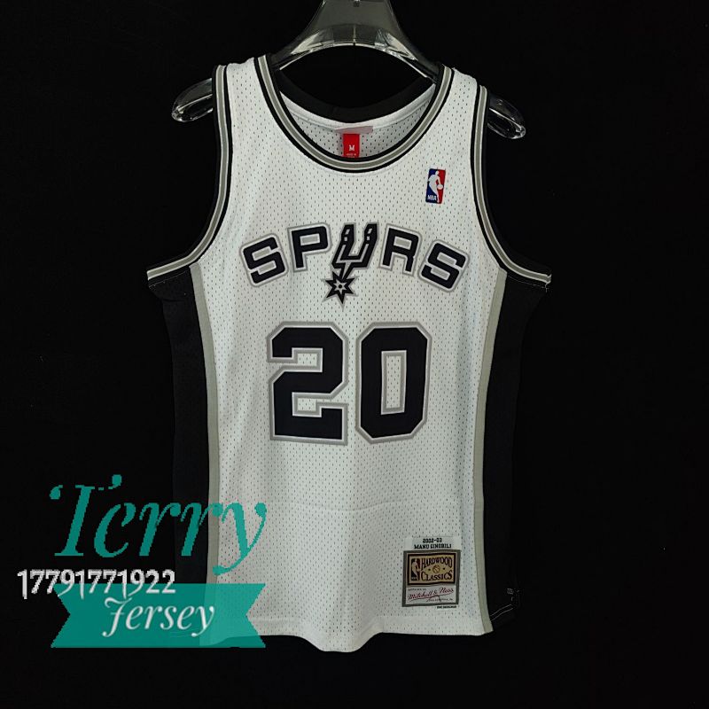 【MN】San Antonio Spurs MN热压复古球衣:SW 马刺队 2002/03赛季 白色 20号 吉诺比利